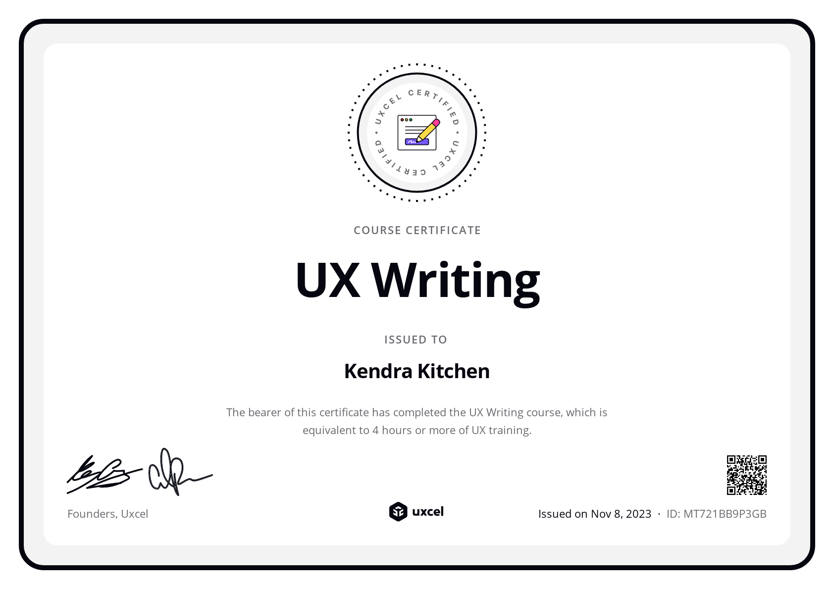 Kendra Kitchen's certificate